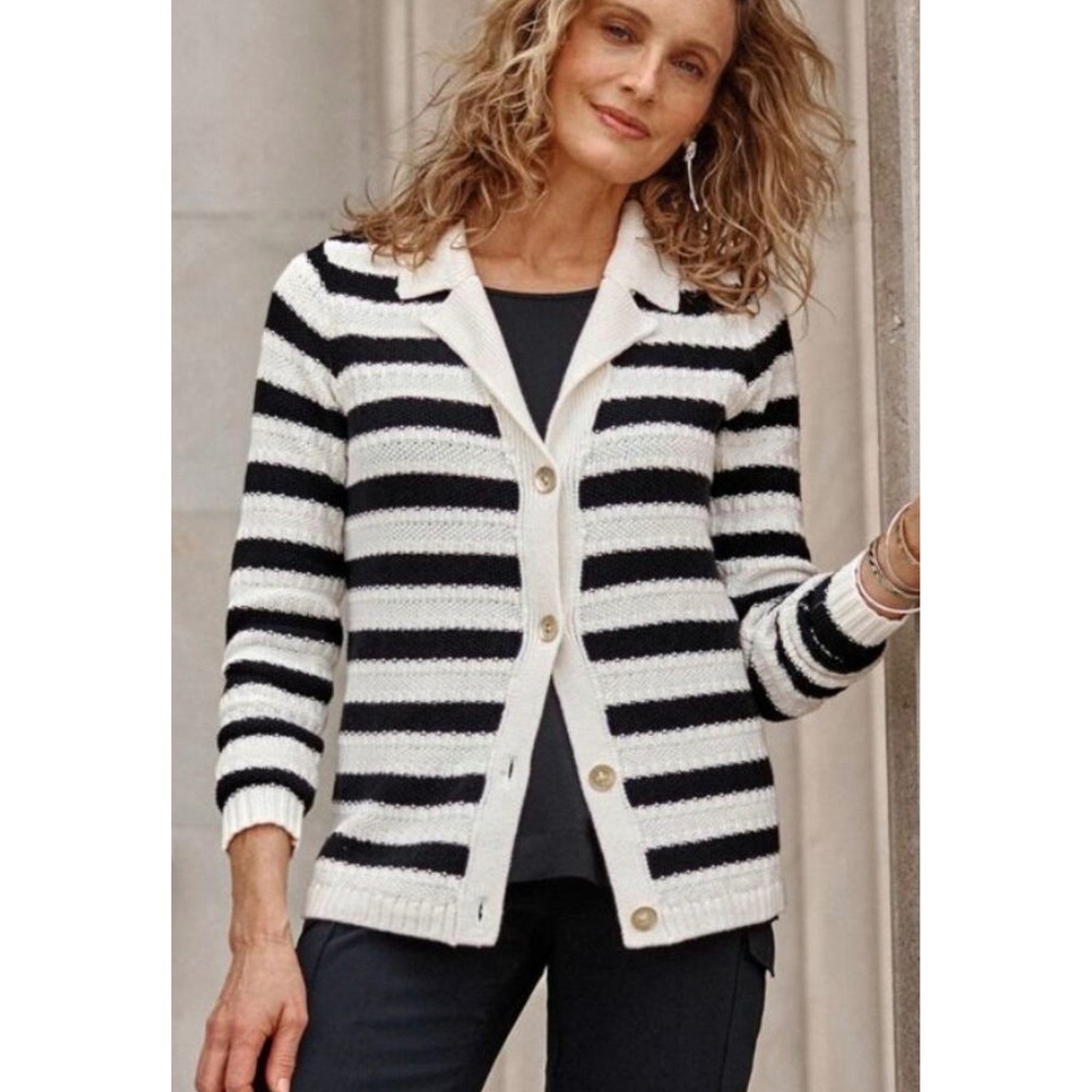J Jill Wearever Textured Knit Button Front Polo Cardigan Jacket Stripe Medium‎
